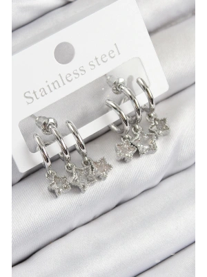 Pirinç Zirkon Taşlı Sallantılı Yıldız Model Gümüş Renk Kadın Küpe