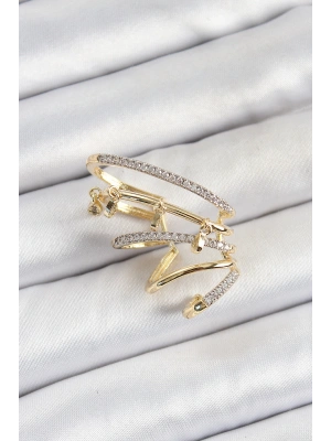 Pirinç Zirkon Taşlı Sıkıştırma Sağ Kıkırdak Gold Renk Kadın Küpe