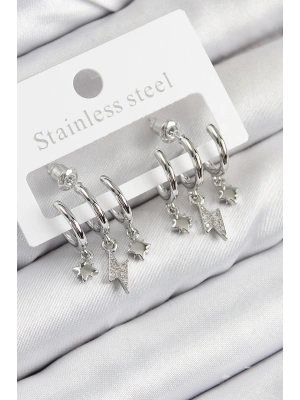 Pirinç Zirkon Taşlı Şimşek Model Gümüş Renk Kadın Küpe