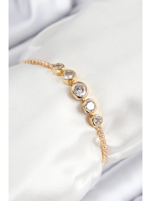 Pirinç Zirkon Taşlı Sıralı Daire Model Gold Renk Asansörlü Kadın Bileklik