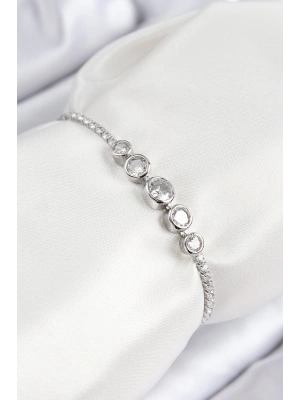 Pirinç Zirkon Taşlı Sıralı Daire Model Gümüş Renk Asansörlü Kadın Bileklik