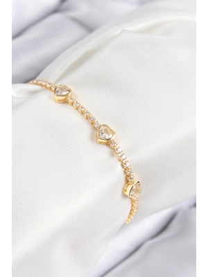 Pirinç Zirkon Taşlı Sıralı Kalp Model Gold Renk Kadın Bileklik