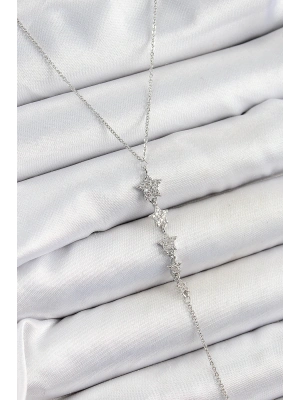 Pirinç Zirkon Taşlı Sıralı Yıldız Figürlü Y Model Gümüş Renk Kadın Kolye