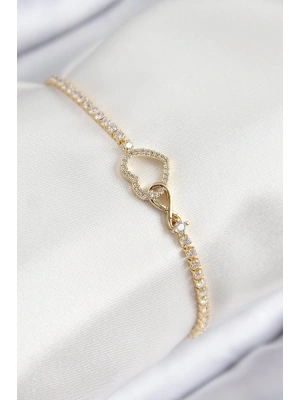 Pirinç Zirkon Taşlı Sonsuzluk Kalp Model Gold Renk Kadın Bileklik