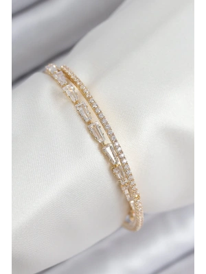 Pirinç Zirkon Taşlı Su Yolu Model Gold Renk Kadın Bileklik