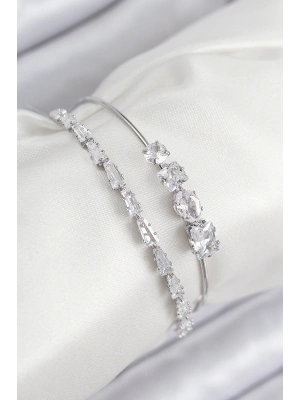 Pirinç Zirkon Taşlı Su Yolu Model Gümüş Renk Kadın Bileklik