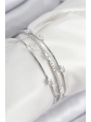 Pirinç Zirkon Taşlı Su Yolu Model Gümüş Renk Kadın Bileklik