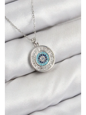 Pirinç Zirkon Taşlı Su Yolu Nazar Model Gümüş Renk Kadın Kolye