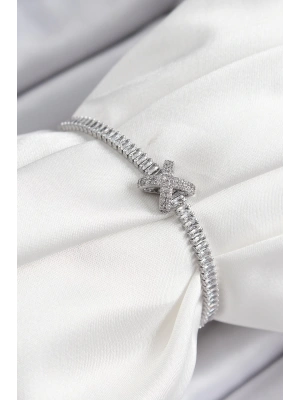 Pirinç Zirkon Taşlı X Detaylı Su Yolu Model Gümüş Renk Asansörlü Kadın Bileklik