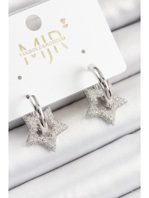 Pirinç Zirkon Taşlı Yıldız Figürlü Halka Model Gümüş Renk Kadın Küpe