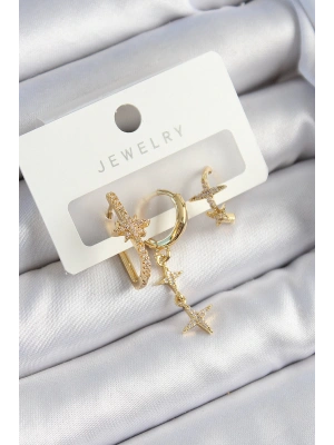 Pirinç Zirkon Taşlı Yıldız Model Gold Renk 3lü Çift Kadın Küpe Set