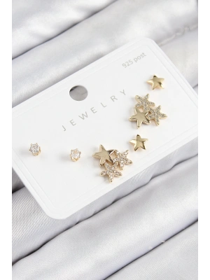 Pirinç Zirkon Taşlı Yıldız Model Gold Renk 925 Ayar Gümüş Çivi Kadın Küpe Set