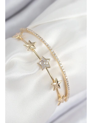 Pirinç Zirkon Taşlı Yıldız Model Gold Renk Kadın Bileklik