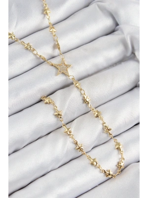 Pirinç Zirkon Taşlı Yıldız Model Gold Renk Y Kolye