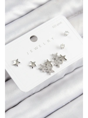 Pirinç Zirkon Taşlı Yıldız Model Gümüş Renk 925 Ayar Gümüş Çivi Kadın Küpe Set