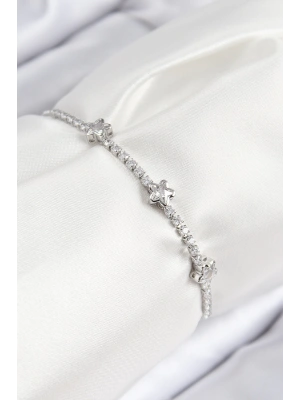 Pirinç Zirkon Taşlı Yıldız Model Gümüş Renk Asansörlü Kadın Bileklik