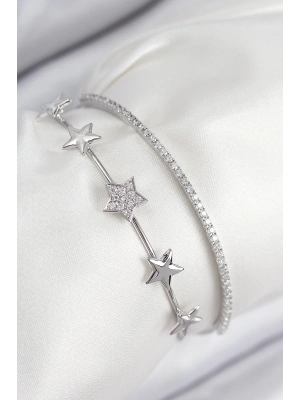 Pirinç Zirkon Taşlı Yıldız Model Gümüş Renk Kadın Bileklik
