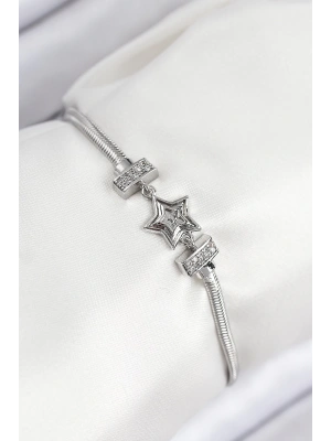 Pirinç Zirkon Taşlı Yıldız Model Gümüş Renk Kadın Bileklik