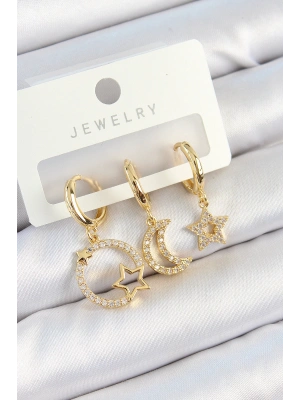 Pirinç Zirkon Taşlı Yıldız Ve Ay Model Gold Renk 3lü Kadın Küpe Set