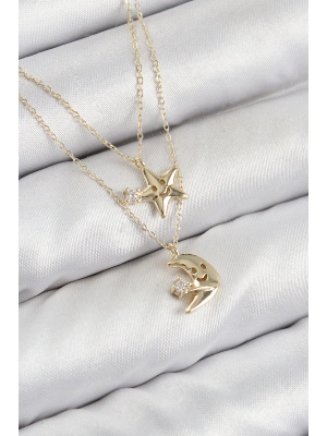 Pirinç Zirkon Taşlı Yıldız Ve Ay Model Gold Renk Kadın Kolye