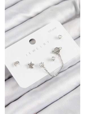 Pirinç Zirkon Taşlı Yıldız Ve Gezegen Model Gümüş Renk 925 Ayar Gümüş Çivi Kadın Küpe Set