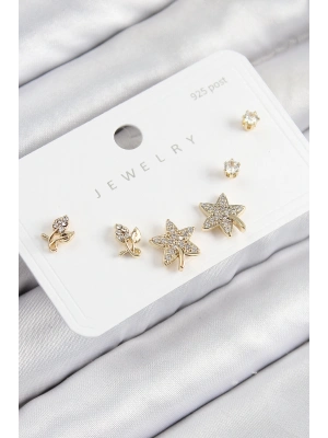 Pirinç Zirkon Taşlı Yıldız Ve Gül Model Gold Renk 925 Ayar Gümüş Çivi Kadın Küpe Set