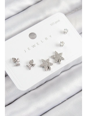 Pirinç Zirkon Taşlı Yıldız Ve Gül Model Gümüş Renk 925 Ayar Gümüş Çivi Kadın Küpe Set