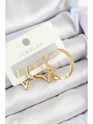 Pirinç Zirkon Taşlı Yıldız Ve Halka Model Gold Renk 3lü Çift Kadın Küpe Set