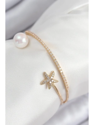 Pirinç Zirkon Taşlı Yıldız Ve İnci Model Gold Renk Kadın Bileklik