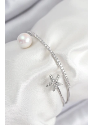 Pirinç Zirkon Taşlı Yıldız Ve İnci Model Gümüş Renk Kadın Bileklik