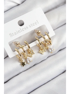 Pirinç Zirkon Taşlı Yıldız Ve Kelebek Model Gold Renk Kadın Küpe