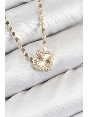 Pirinç Zirkon Taşlı Yonca Model Ezme Zincir Gold Renk Kadın Kolye