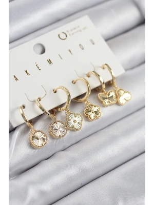 Pirinç Zirkon Taşlı Yonca Model Gold Renk 6lı Küpe Set