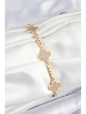 Pirinç Zirkon Taşlı Yonca Model Gold Renk Kadın Bileklik