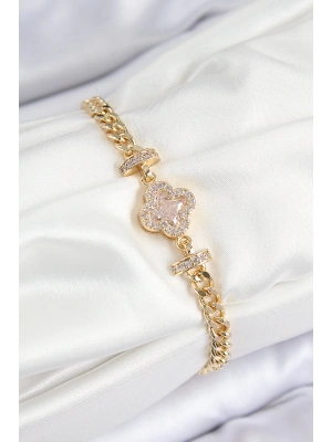 Pirinç Zirkon Taşlı Yonca Model Gold Renk Kadın Bileklik