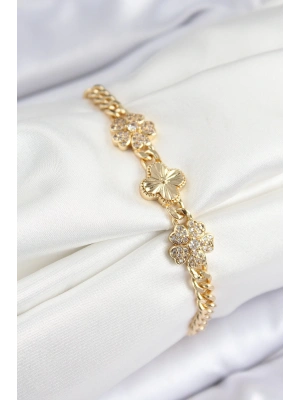 Pirinç Zirkon Taşlı Yonca Model Gold Renk Kadın Bileklik