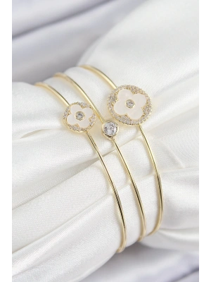 Pirinç Zirkon Taşlı Yonca Model Gold Renk Vip 3lü Kadın Bileklik