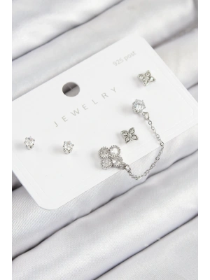Pirinç Zirkon Taşlı Yonca Model Gümüş Renk 925 Ayar Gümüş Çivi Kadın Küpe Set