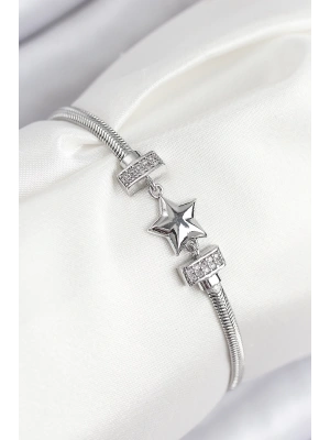 Pirinç Zirkon Taşlı Yonca Model Gümüş Renk Kadın Bileklik