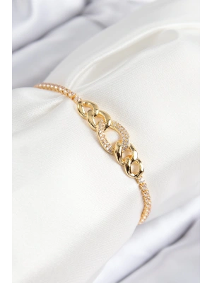 Pirinç Zirkon Taşlı Zincir Model Gold Renk Asansörlü Kadın Bileklik