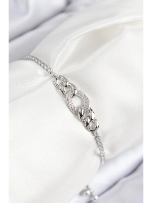 Pirinç Zirkon Taşlı Zincir Model Gümüş Renk Asansörlü Kadın Bileklik