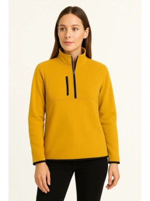 Polar Kazak – Dik Yaka, Yarım Fermuarlı, Fermuarlı Göğüs Cepli, Siyah Biyeli, Kışlık Rahat Regular Fit Günlük Model - Sarı