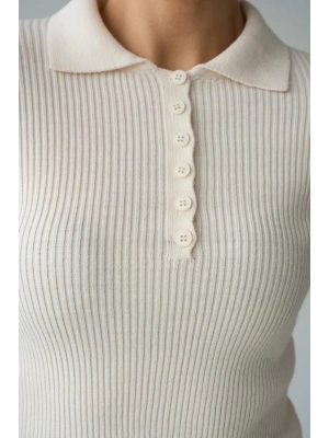 Polo Yaka 6 Düğmeli Kazak - Krem