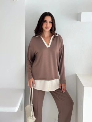 Polo Yaka Gömlek Detay Salaş Balon Pantolunlu ıkılı Takım