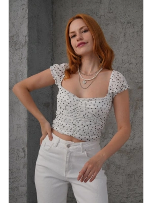 Puantiyeli Belden Oturtmalı Tül Beyaz Bluz
