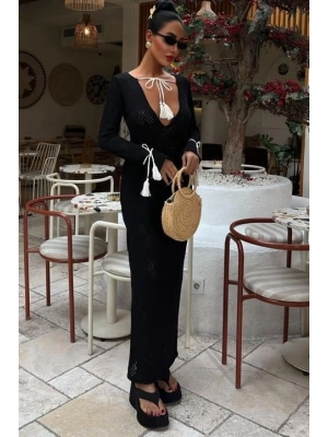 Püskül Bağcık Detaylı V Yaka Ajurlu Elbise 2850