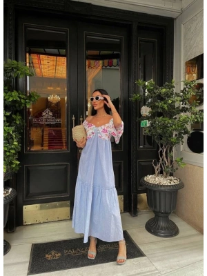 RENKLİ NAKIŞ DESENLİ ELBİSE - Mavi