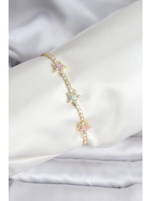 Renkli Yıldız Model Zirkon Taşlı Gold Renk Pirinç Su Yolu Kadın Bileklik