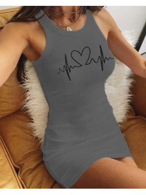 Ritim Kalp Baskılı Sıfır Kol Kaşkorse Elbise