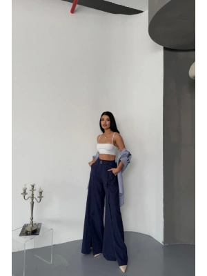 SALAŞ ÖNDEN YIRTMAÇ DETAYLI BEL KEMERLİ PANTOLON - Lacivert